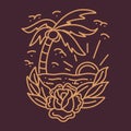 Premium Monoline sea wave Vector illustration, sunrise ocean badge, creative emblem for T-shirt Design